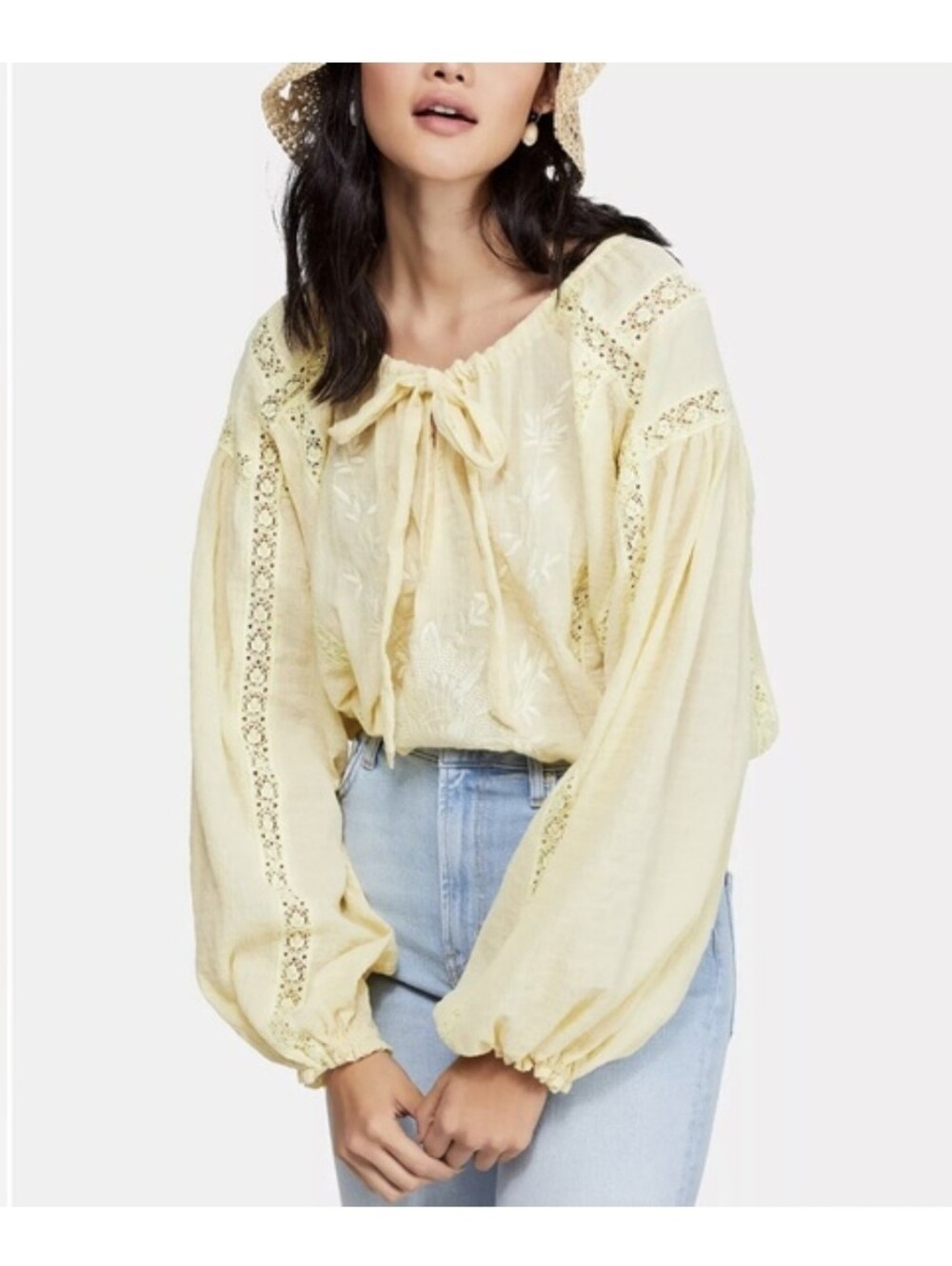 Free People Yellow Boho Embroidered Maria Lace Top Size Medium